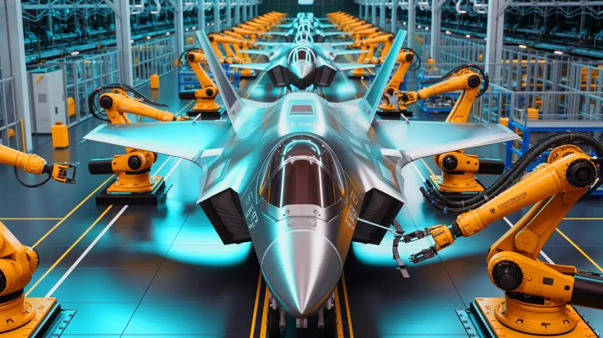 Illustration de la production accélérée des F-35 Lightning II par Northrop Grumman grâce à des technologies avancées.