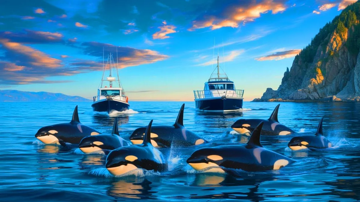 Illustration of orcas interacting with boats off the coast of Portugal.