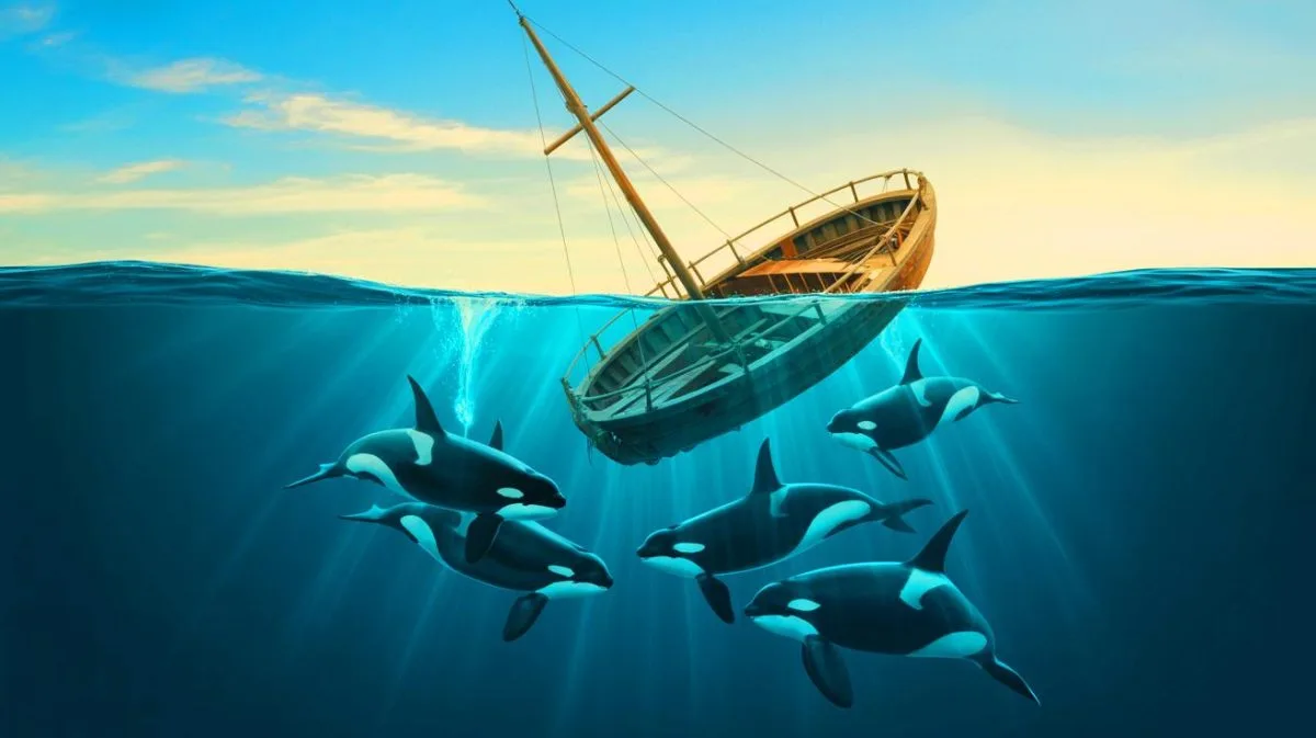 Illustration von Orcas, die Boote vor der Küste Portugals angreifen.