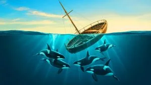 Illustration von Orcas, die Boote vor der Küste Portugals angreifen.