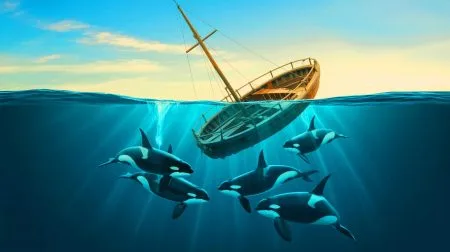 Illustration von Orcas, die Boote vor der Küste Portugals angreifen.