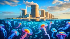 Illustration of a nuclear power plant temporarily shut down due to a swarm of jellyfish clogging its cooling system.