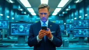 Illustration of U.S. Defense Secretary Pete Hegseth using his personal phone for sensitive military communications.