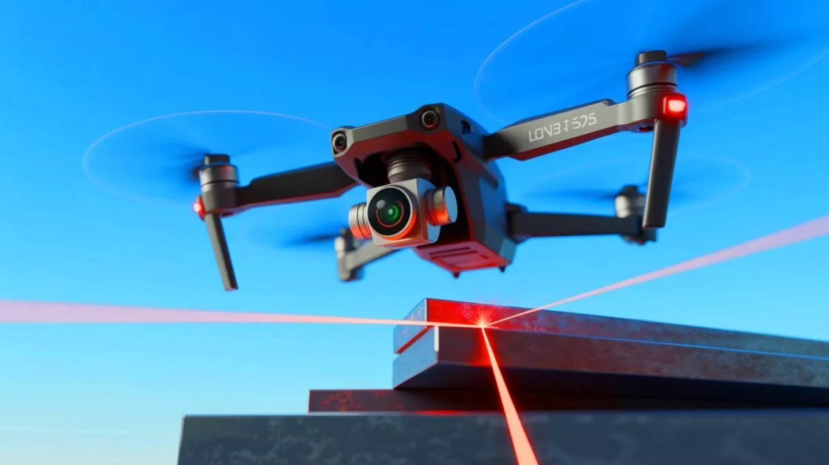 Illustration of a drone system reflecting high-powered laser beams to cut through metal.