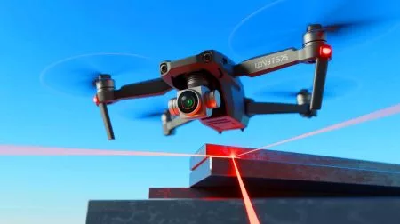 Illustration of a drone system reflecting high-powered laser beams to cut through metal.