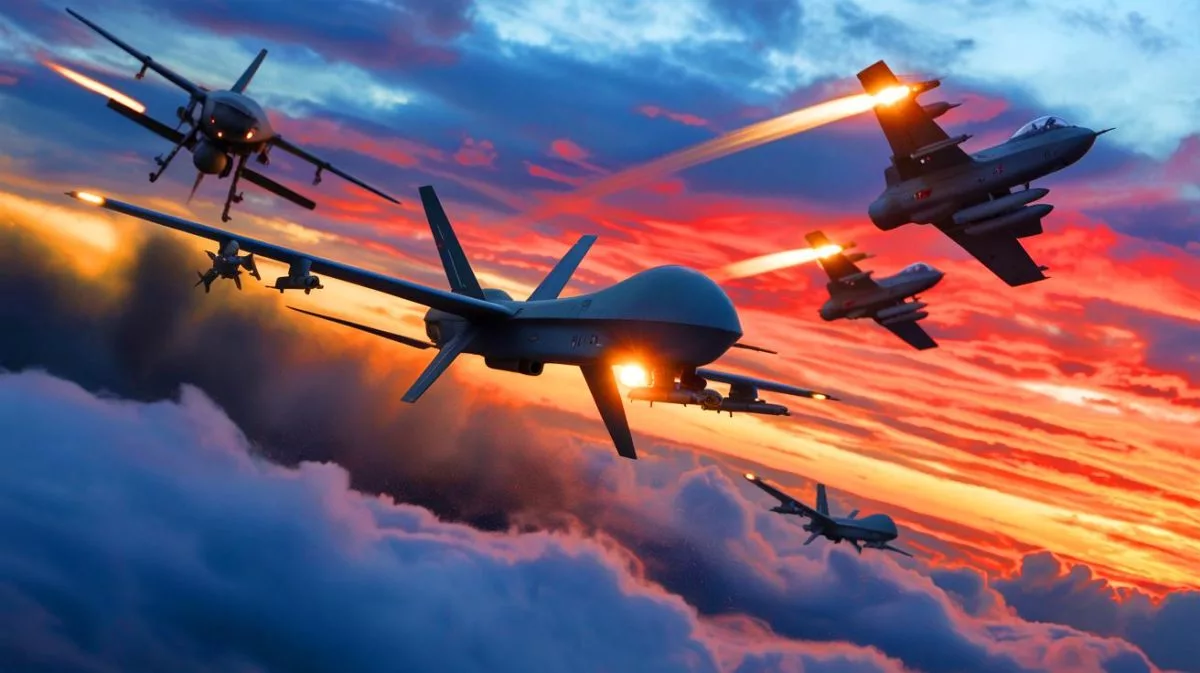 Illustration of Polish and NATO defenses responding to a Russian drone incursion into Polish airspace.