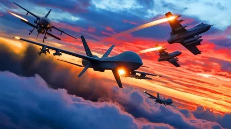 Illustration of Polish and NATO defenses responding to a Russian drone incursion into Polish airspace.
