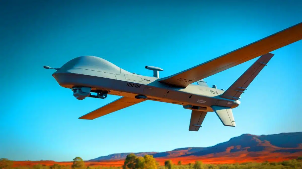 Illustration of the RAAF's MQ-28 Ghost Bat drone completing flight trials at RAAF Base Tindal.