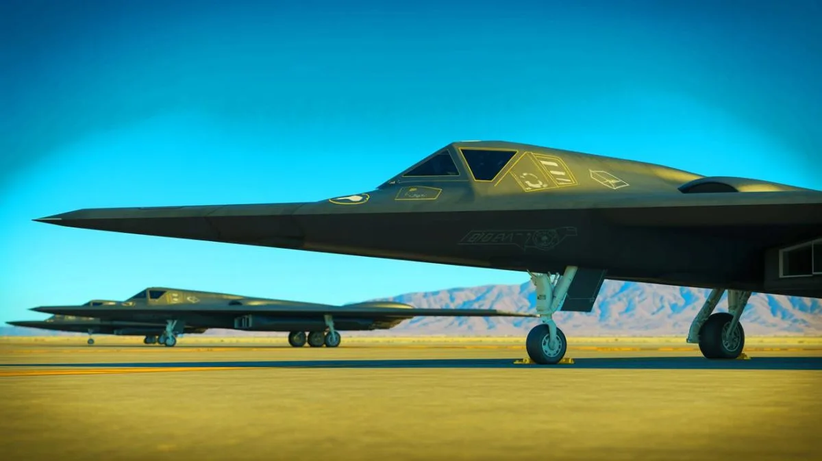 Illustration de deux B-21 Raider sur le tarmac d'Edwards Air Force Base lors de leur phase de tests.