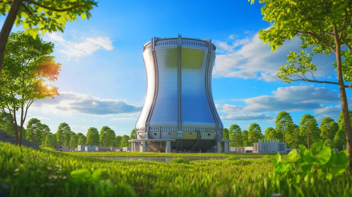 Illustration of Tennessee Valley Authority and ENTRA1 Energy's modular nuclear reactors generating sustainable power.