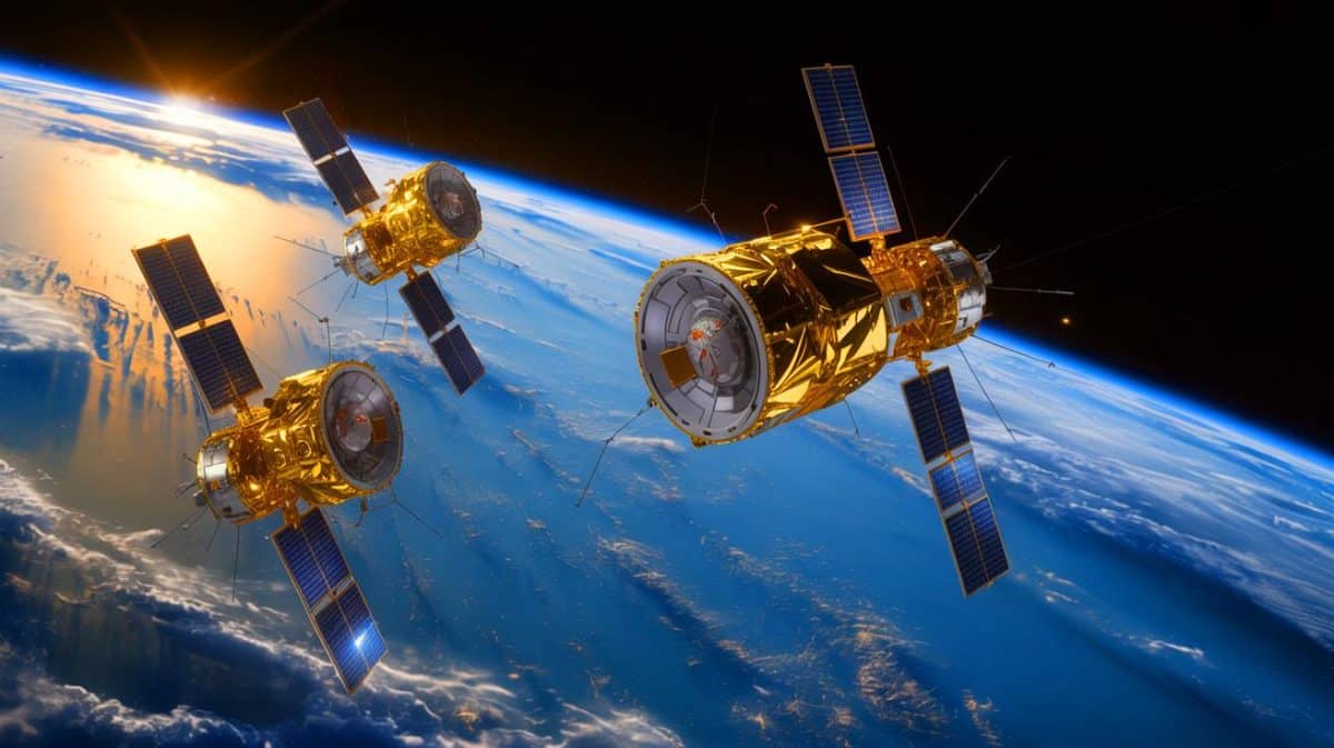 Illustration of Russian military satellites Kosmos 2581, 2582, and 2583 in orbit.