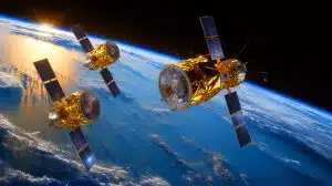 Illustration of Russian military satellites Kosmos 2581, 2582, and 2583 in orbit.