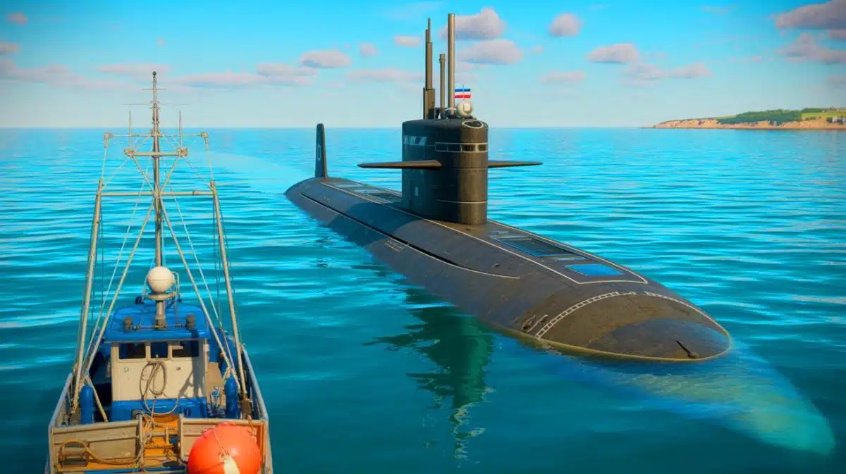 Illustration of a Russian submarine encountered by a French fishing vessel off the coast of Brittany.
