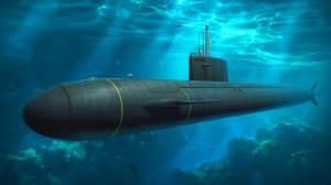 Illustration of a nuclear submarine navigating underwater with advanced stealth technology.