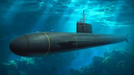 Illustration of a nuclear submarine navigating underwater with advanced stealth technology.