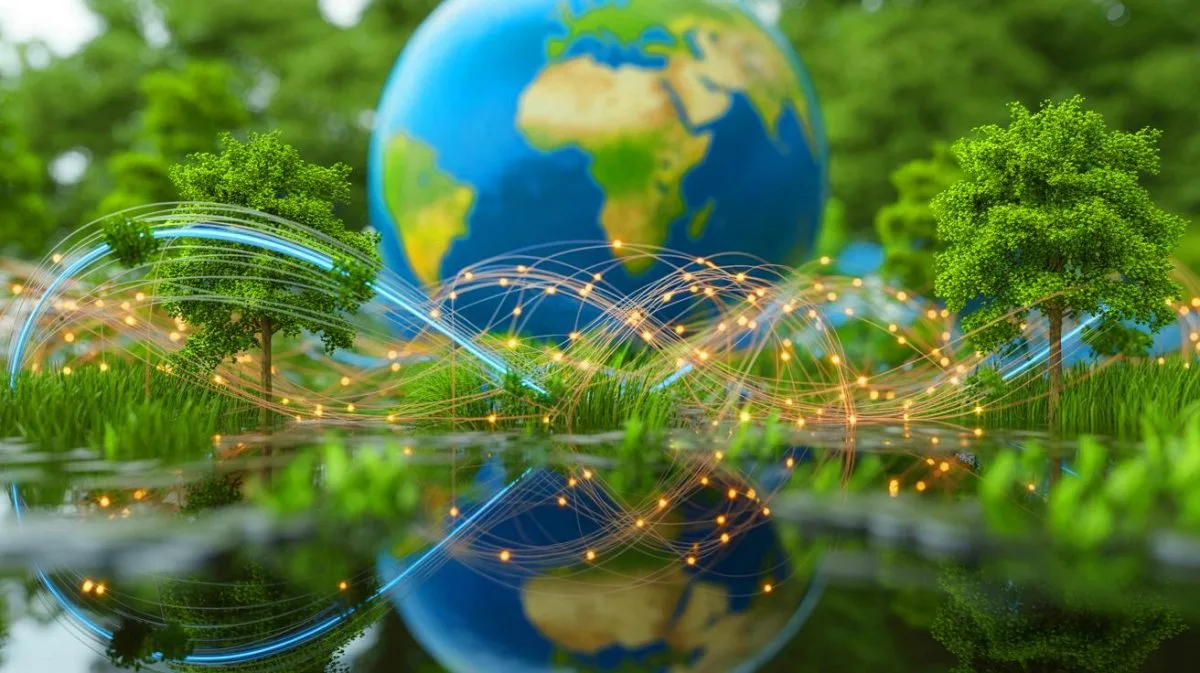 Illustration von der Verbreitung von Desinformation durch Künstliche Intelligenz und deren Auswirkungen auf den Klimawandel.