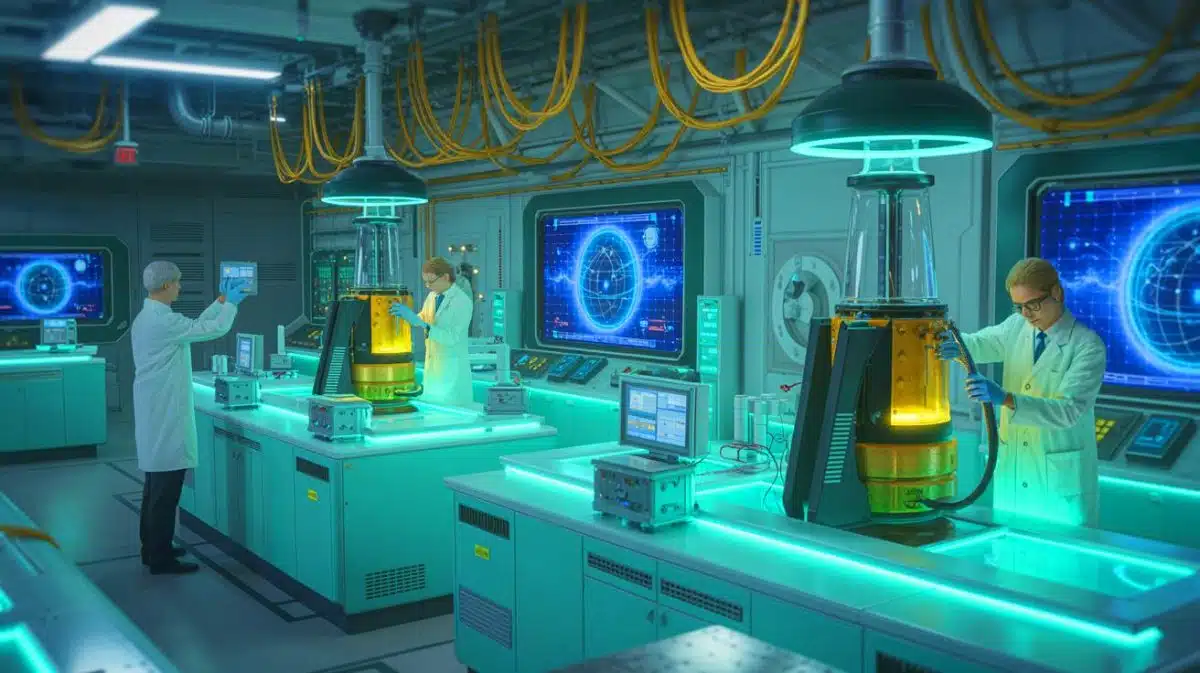 Illustration of a revolutionary method to extract tritium from radioactive waste for clean energy production.