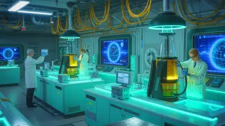 Illustration of a revolutionary method to extract tritium from radioactive waste for clean energy production.