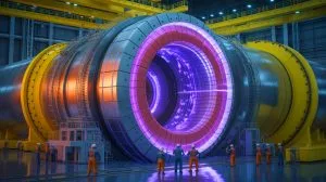 Illustration of the Central Solenoid, a powerful superconducting magnet, completed by General Atomics for the ITER nuclear fusion project.