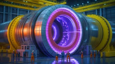 Illustration of the Central Solenoid, a powerful superconducting magnet, completed by General Atomics for the ITER nuclear fusion project.