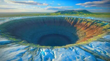 Illustration of massive craters on the Yamal and Gydan peninsulas formed by methane emissions beneath permafrost.