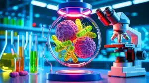 Illustration of a modified Salmonella bacterium attacking a cancerous tumor.