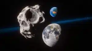 Illustration of asteroid 2024 YR4 approaching the moon with potential impact implications.