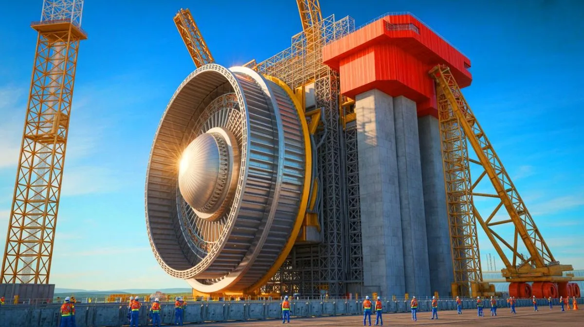 Illustration of the ITER reactor core assembly in Cadarache, France, highlighting the involvement of Westinghouse in nuclear fusion efforts.