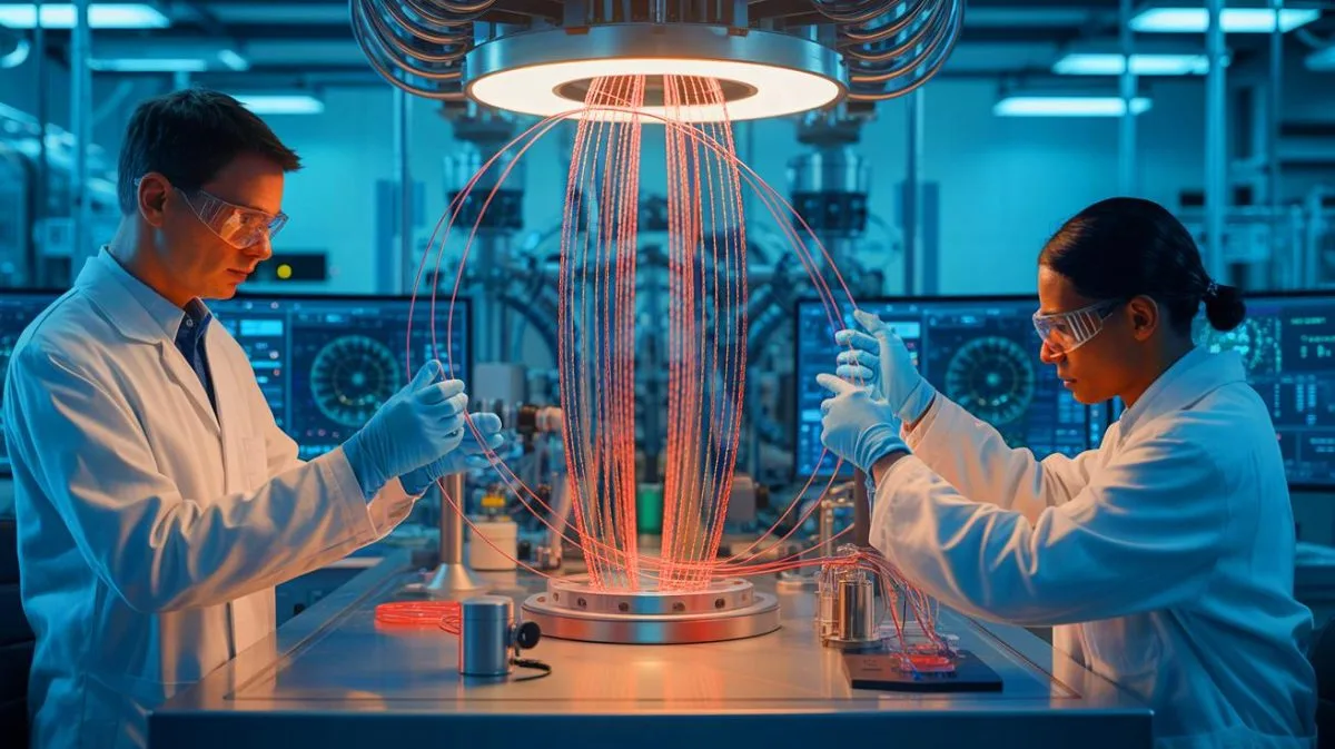 Illustration of scientists testing superconducting wires for the ITER fusion energy project.