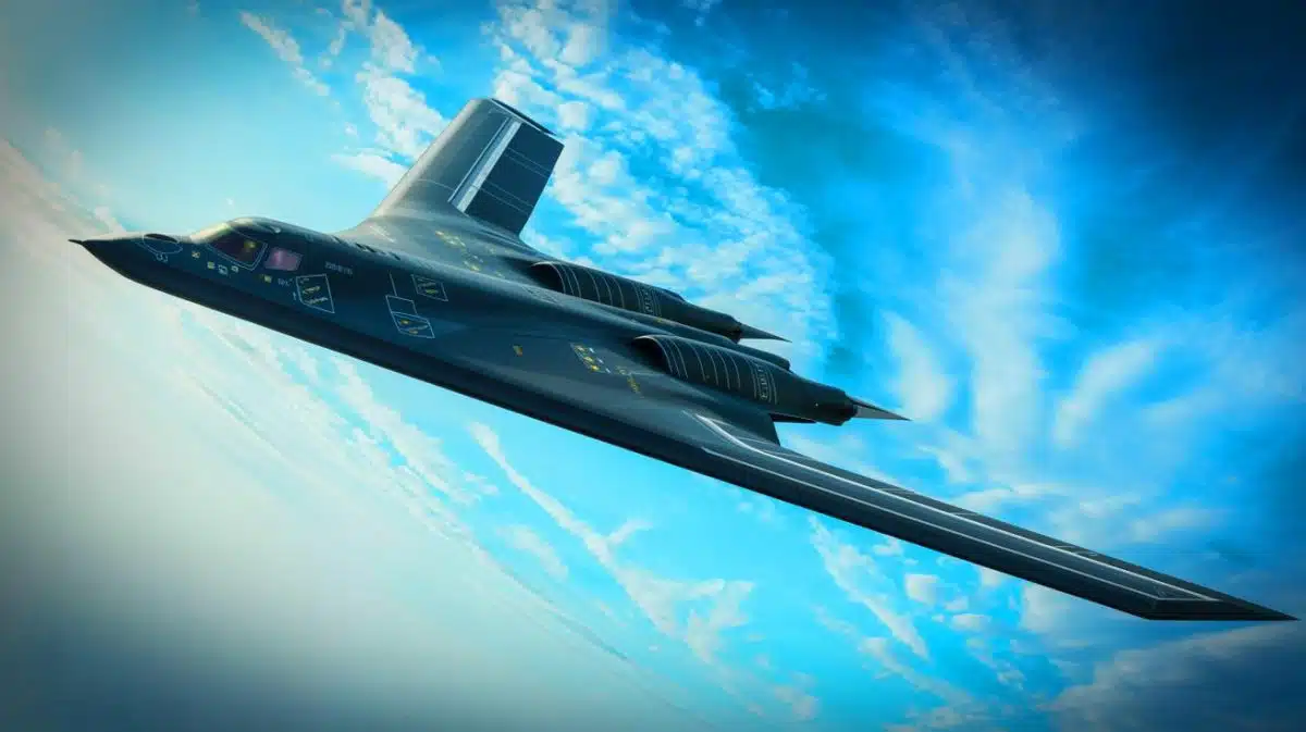 Illustration of the second B-21 Raider stealth bomber taking flight from Northrop Grumman's Palmdale facility.
