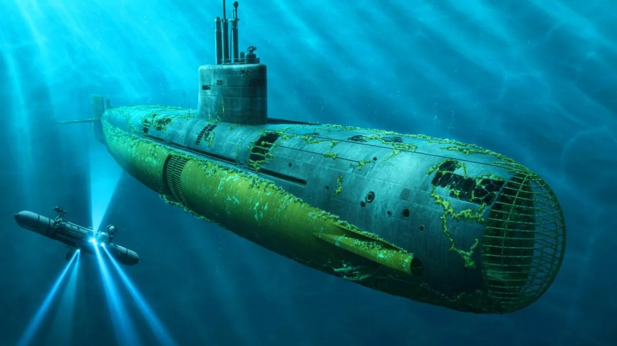 Illustration of the USS F-1 submarine wreck captured in high-definition detail off the coast of San Diego.