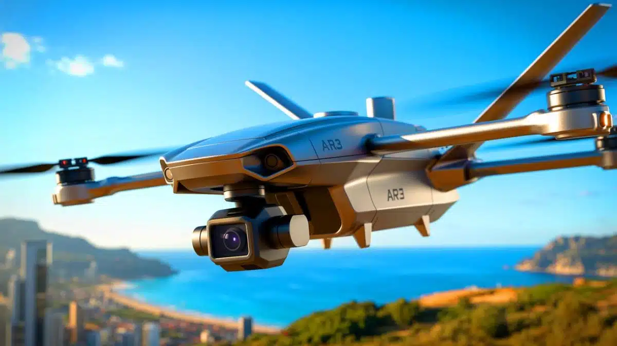 Illustration of the AR3 drone used in defense operations and international collaborations.