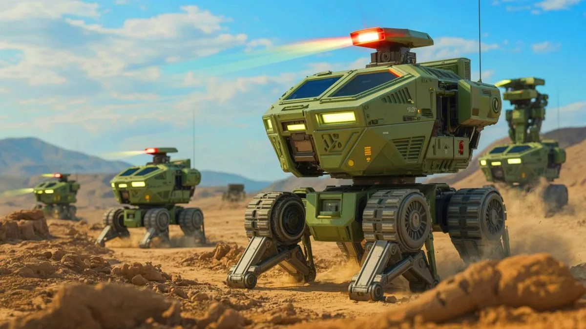 Illustration of next-generation military robots engaged in various tasks such as combat support and humanitarian missions.