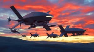Illustration of autonomous drones operating in a modern battlefield scenario.