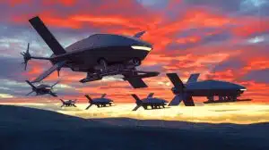 Illustration of autonomous drones operating in a modern battlefield scenario.