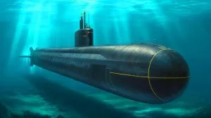 Illustration of the Virginia Block V submarine showcasing its enlarged hull and advanced missile deployment capabilities.
