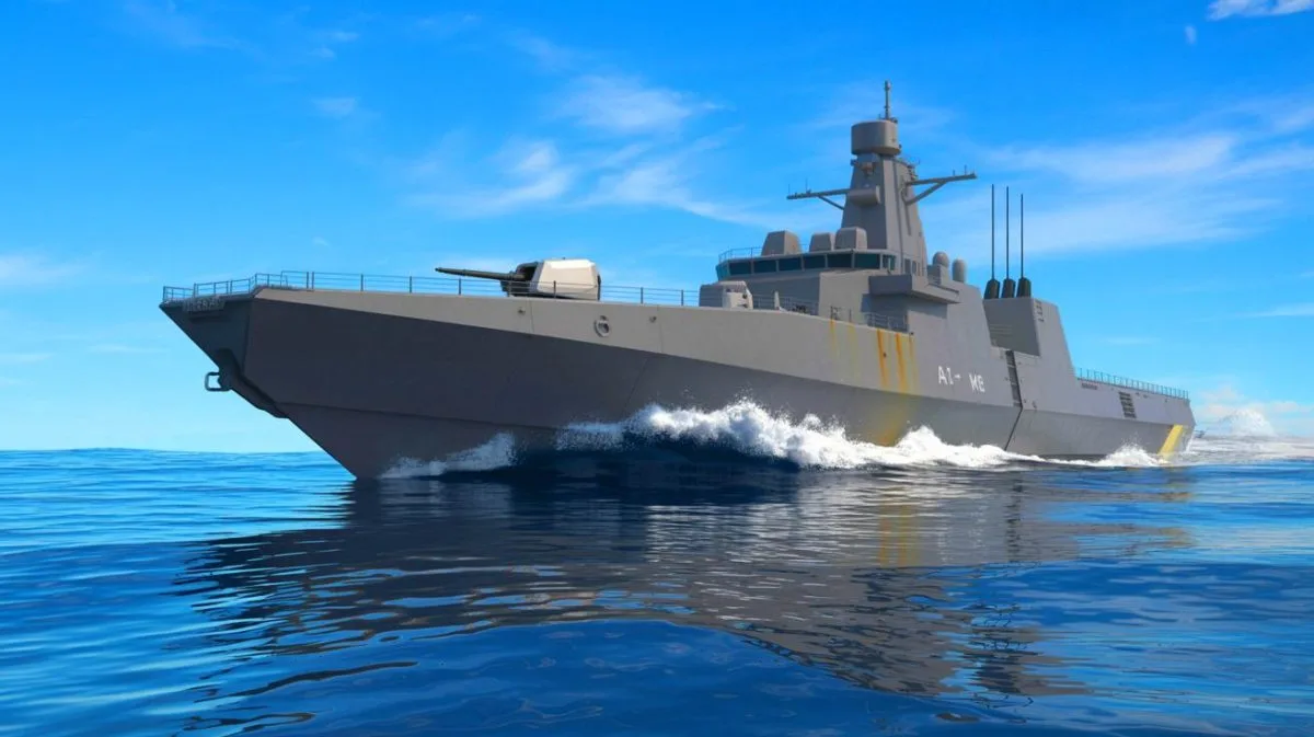 Illustration of the AIRCAT Bengal MC, a 44-ton autonomous warship, showcasing its advanced speed, payload capacity, and weaponry capabilities.