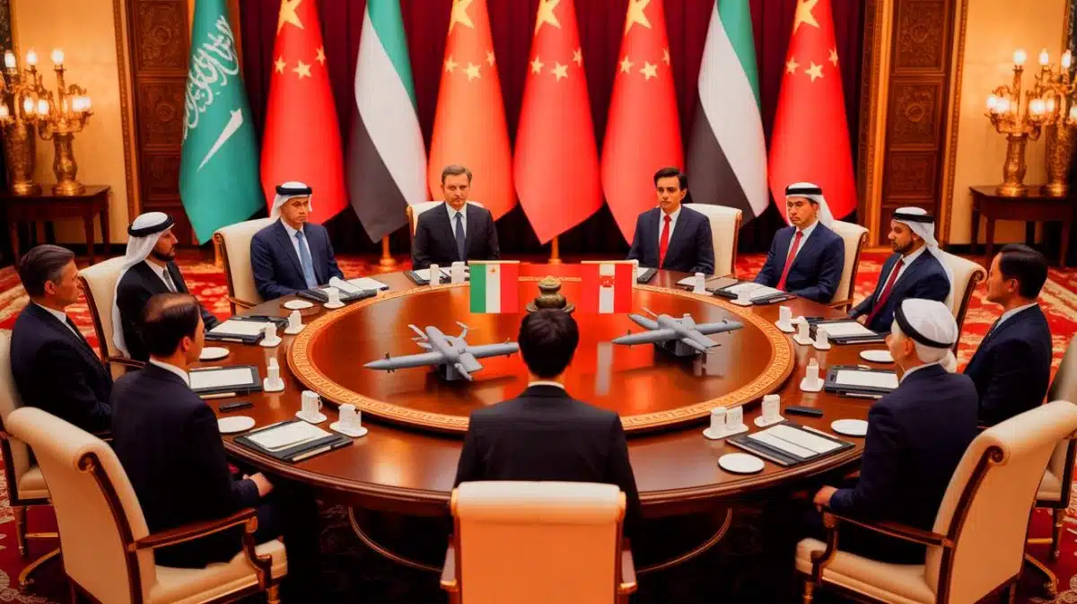 Illustration of a handshake between China's President Xi Jinping and Bahrain's King Hamad bin Isa Al Khalifa.