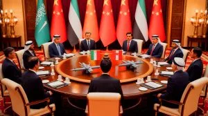Illustration of a handshake between China's President Xi Jinping and Bahrain's King Hamad bin Isa Al Khalifa.