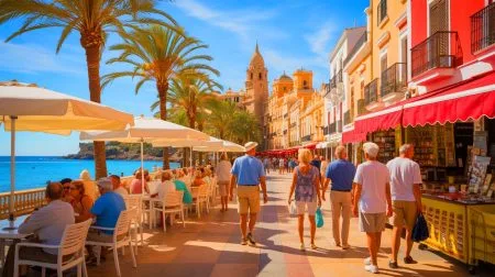 Illustration of French retirees enjoying the Mediterranean lifestyle on Spain's sunlit coast.