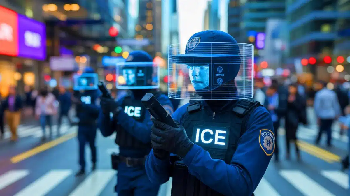 Illustration of ICE Agents Demonstrating Surveillance Technology in Los Angeles.