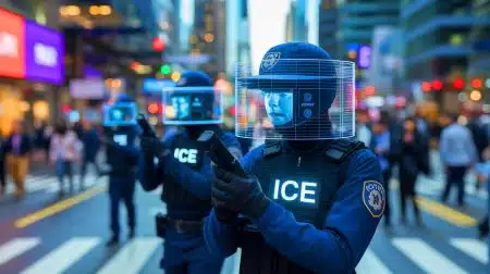 Illustration of ICE Agents Demonstrating Surveillance Technology in Los Angeles.