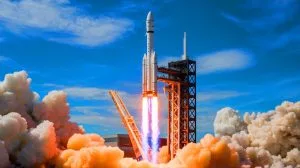 Illustration of a 3D-printed hybrid rocket engine system during its inaugural flight test.
