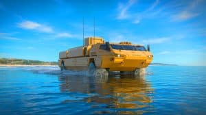 Illustration of Rheinmetall Mission Master 2.0 navigating from a warship drop to a Portuguese beach.