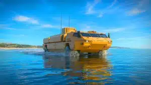 Illustration of Rheinmetall Mission Master 2.0 navigating from a warship drop to a Portuguese beach.