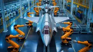 Illustration of the Integrated Assembly Line producing F-35 center fuselages with advanced robotics and automation.