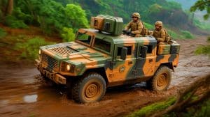 Illustration of a U.S. Army Infantry Squad Vehicle navigating rough terrain.
