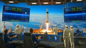 Illustration of DARPA's AtmoSense program detecting a SpaceX Falcon 9 rocket reentry through atmospheric monitoring.