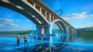 Illustration of wave-based software technology being used to inspect the safety of a bridge structure.