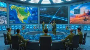 Illustration von einem umstrittenen Raketenabwehrprojekt der USA namens „Golden Dome“.